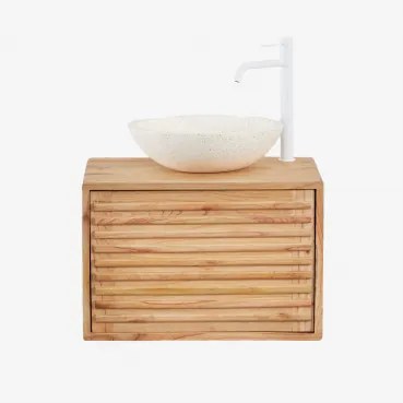 Zestaw Wiszących Mebli Łazienkowych 60x45 Cm Z Drewna Deleyna Naturalna & Cement Okrągły Biały Ø40 Cm Zavion & Bezlusterkowiec & Biała ↑30 Cm Z Zawore