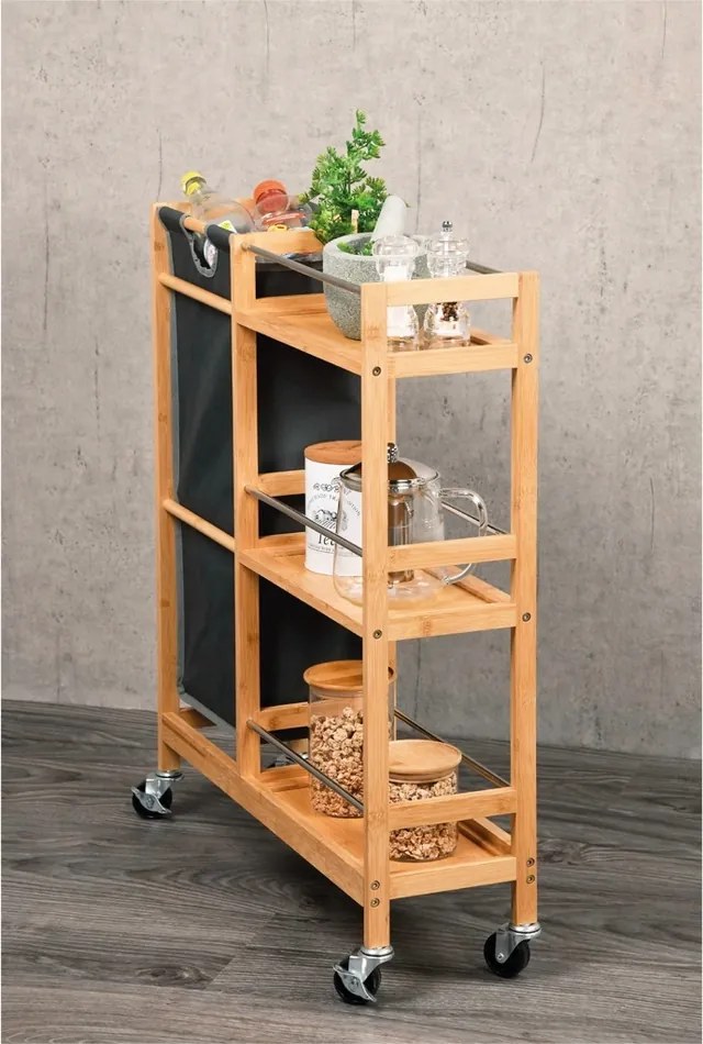 Kesper 24857 Regał na kółkach z koszem na butelki, bambus, 78 x 20 x 68 cm