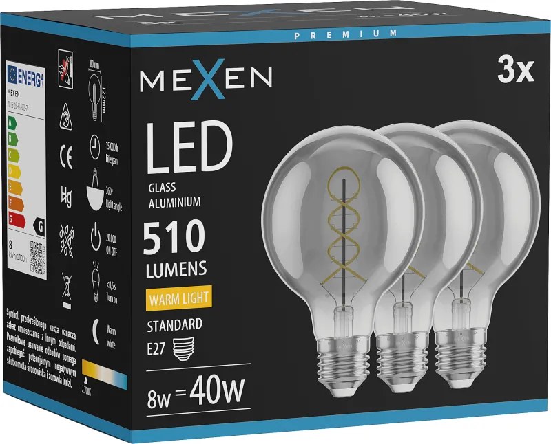 Mexen Vintis 3x żarówka filament spirala LED E27, G80, 8W, Ciepła - 2700K, 510 lm, smoke - L165-E27-0827-70x03