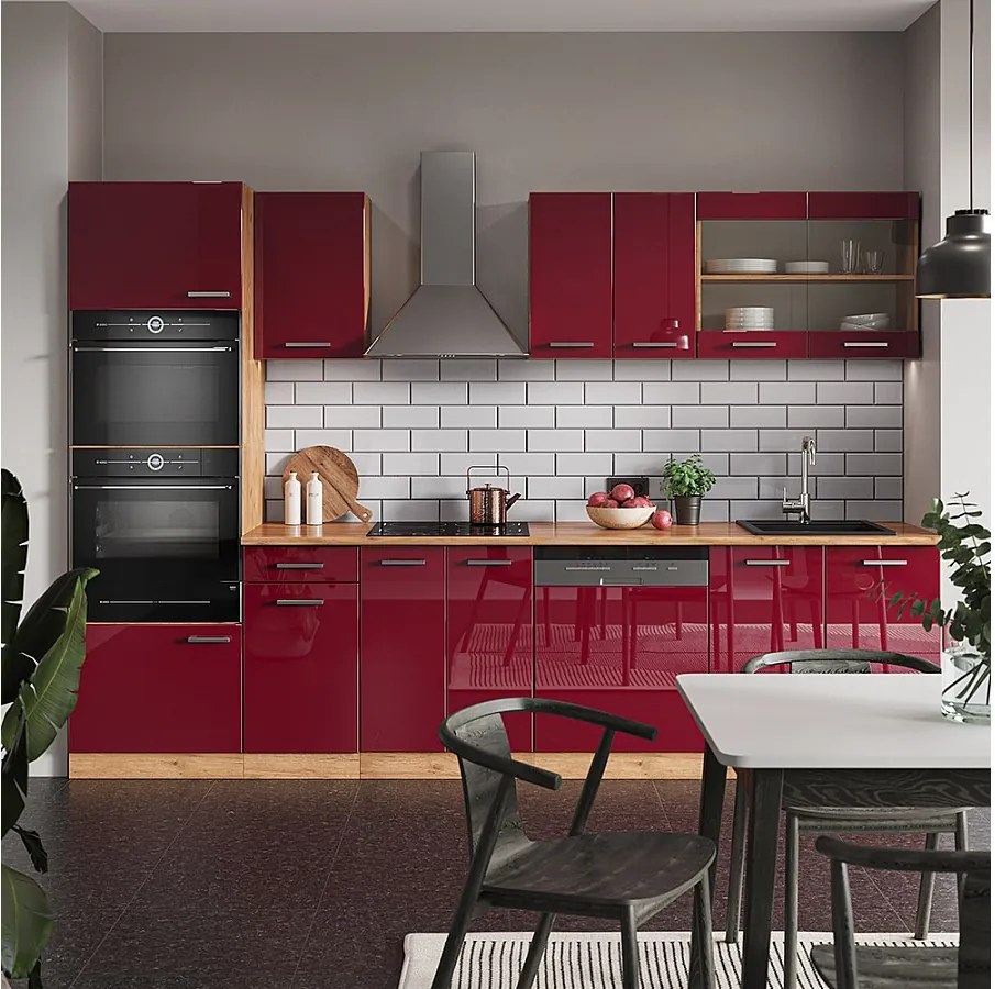 Aneks kuchenny czerwony wysoki połysk/złoty dąb 300x46x81.6 r-line