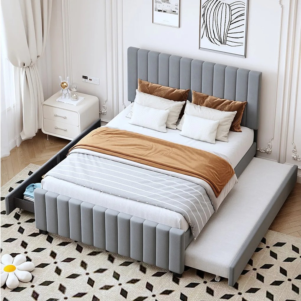 Łóżko dziecięce tapicerowane - 140 x 190 cm - z łóżkiem wysuwanym 90 x 190 cm + 2 szuflady - welur - szary