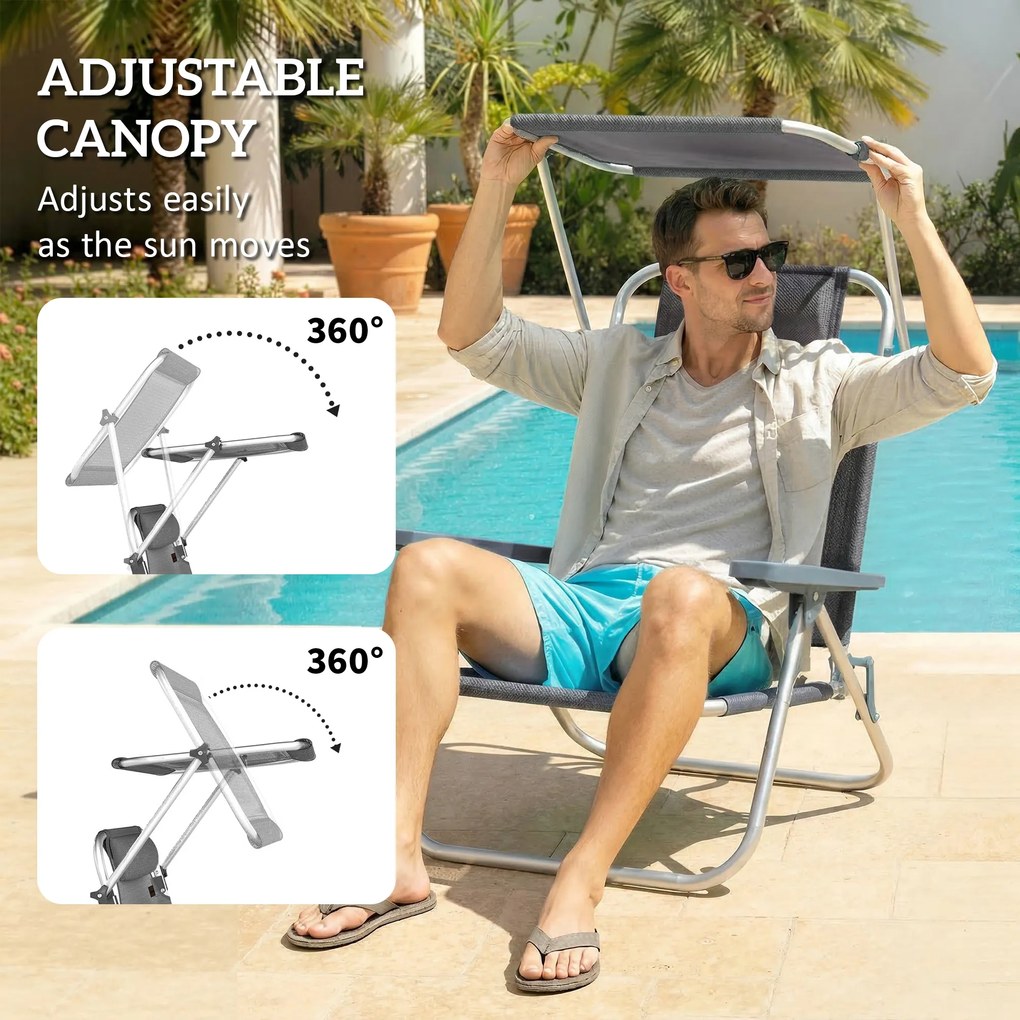 Outsunny Składany leżak ogrodowy z poduszką, regulowanym daszkiem i 6-stopniową regulacją oparcia, 62 x 68 x 79 cm, ciemnoszary | Aosom PL