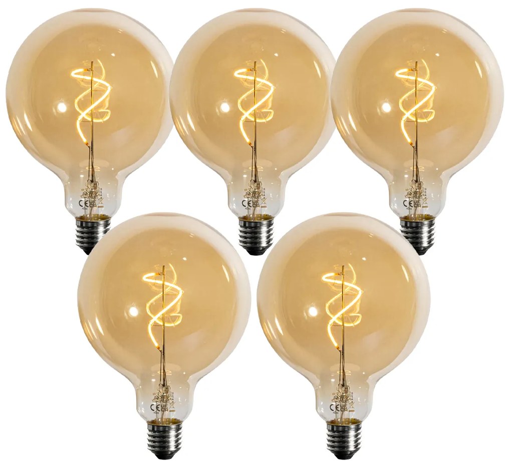 Zestaw 5 ściemnialnych żarówek LED E27 z żarnikiem spiralnym G125, złotych, 4W 270LM 2200K