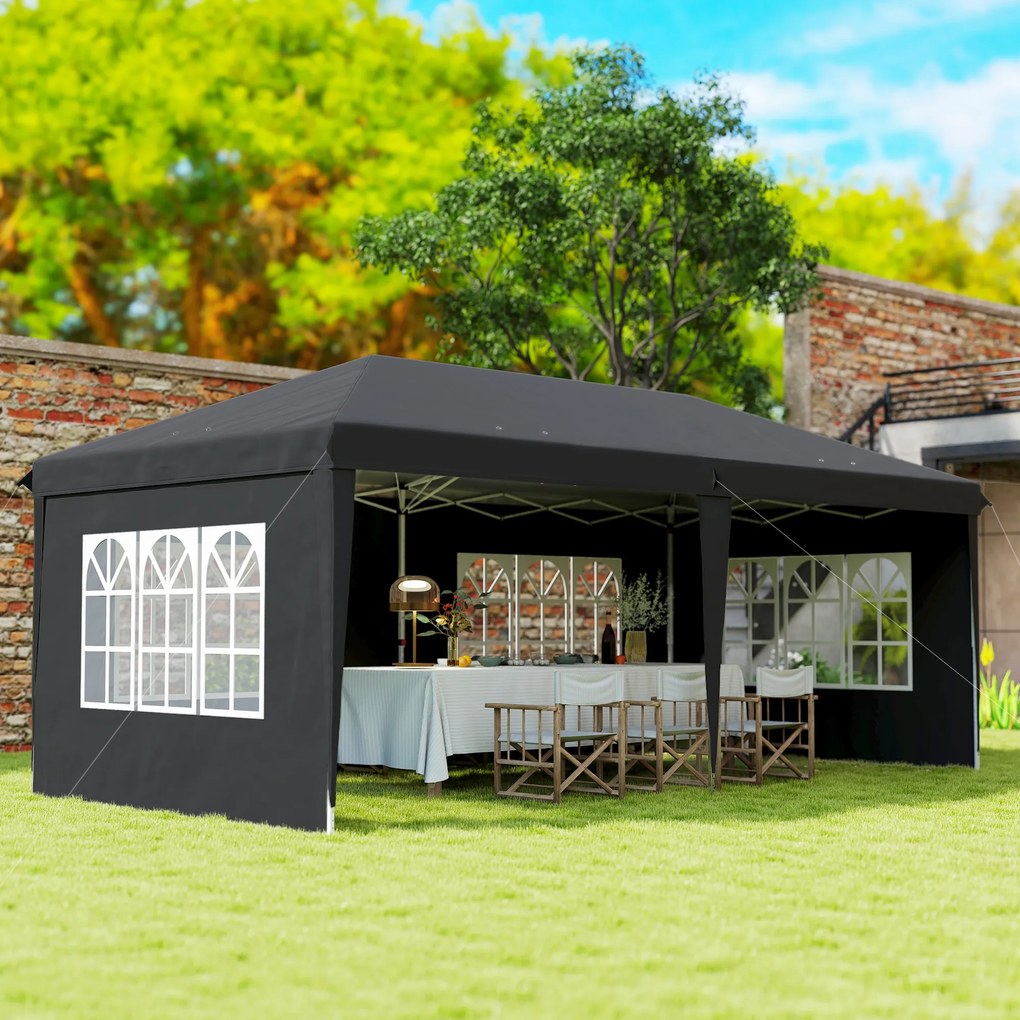 Outsunny Pawilon 3x6m wodoodporny składany z 4 ścianami, okna, UV, torba, czarny | Aosom PL