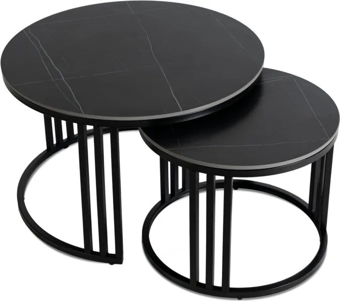 Zestaw Stolików Kawowych JERRY Czarny Marmur/Czarny do Salonu Nowoczesny