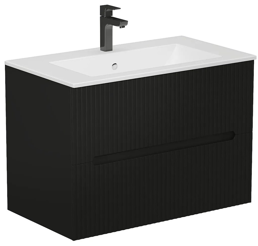 Podwieszana szafka łazienkowa w prążki z umywalką nablatową i kranem - Czarny - 80 cm - PAVANI
