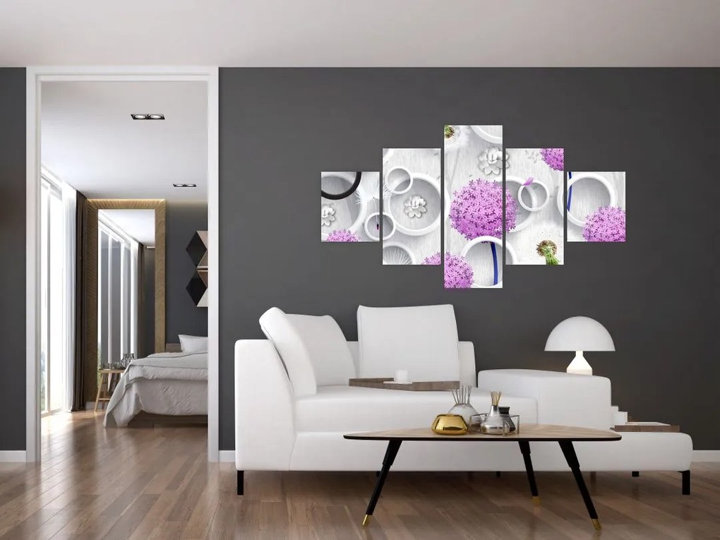 Obraz abstrakcji 3D z kołami i kwiatami (125x70 cm)