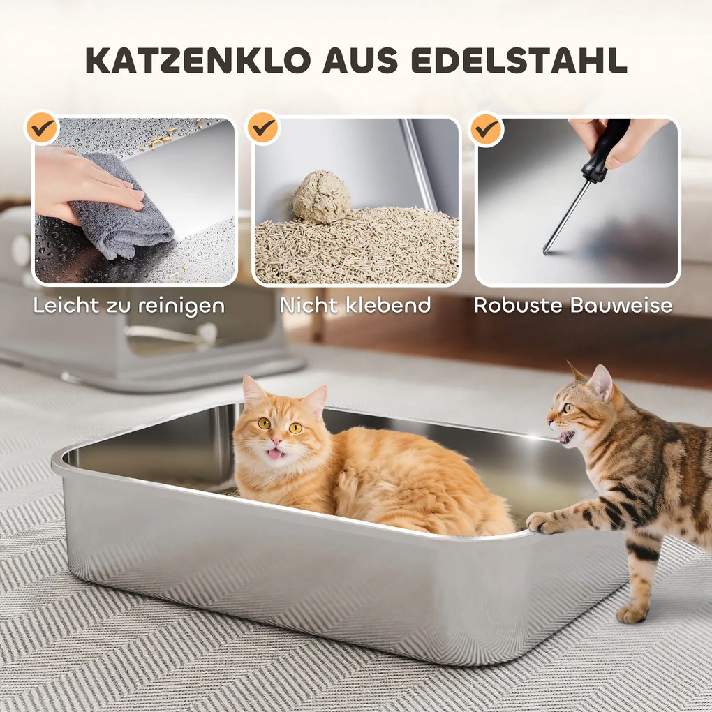 PawHut XXL Toaleta dla kotów ze stali nierdzewnej z klapą, kuweta z łopatką, dla dużych kotów do 20 kg, łatwa do czyszczenia, neutralizująca zapachy, Szara