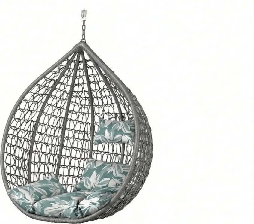 Szare wiszące krzesło KOKON bez stojaka, zielono-biała poduszka