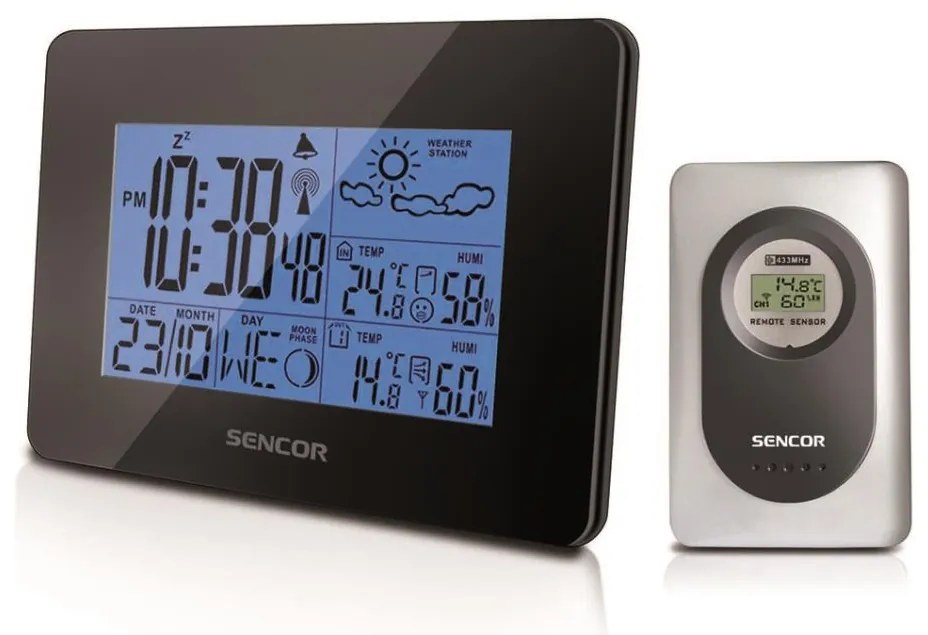 Sencor - Stacja meteorologiczna z wyświetlaczem LCD i budzikiem 3xAA + 2xAAA czarny