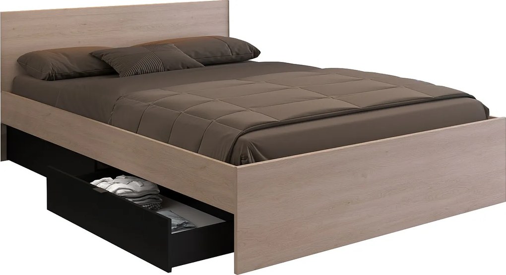 Łóżko z 2 szufladami - 160 x 200 cm - Kolor: Naturalny i czarny - VELONA