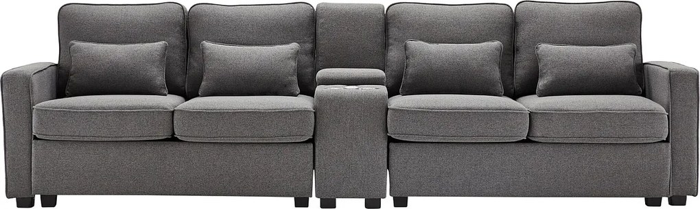 Nowoczesna kanapa 4-osobowa z tkaniny lnianej - z portami USB i 2 uchwytami na kubki - Szara