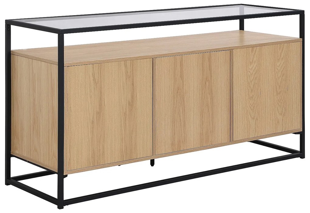 Kredens z 3 drzwiami z MDF, szkła hartowanego i metalu - Jasny naturalny - CAMATA