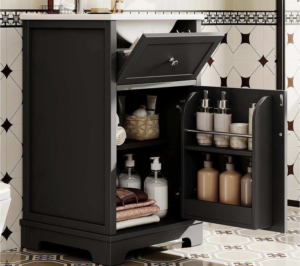 Meble łazienkowe na nogach - Zintegrowana umywalka - Drzwi uchylne i regulowane półki - MDF - Czarny