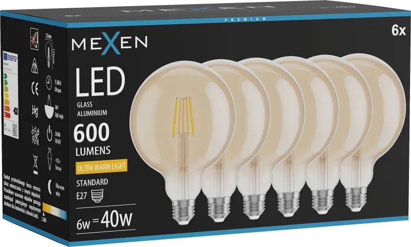 Mexen Vintis 6x żarówka filament LED E27, G125, 6W, Ciepła - 2200K, 600 lm, amber - L158-E27-0622-50x06