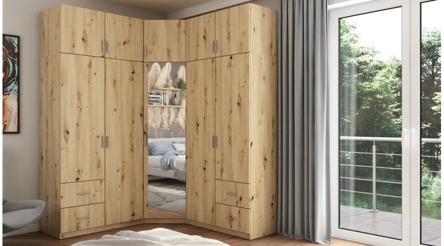 Szafa narożna z lustrem, półkami i szufladami 189 x 240 cm – Dąb Artisan