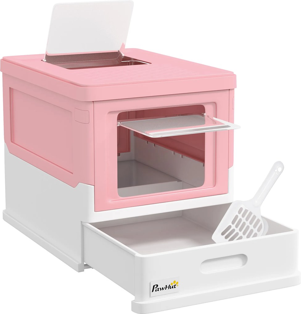 Kuweta PawHut z pokrywą, wymienna taca, w zestawie łopatka, różowy plastik