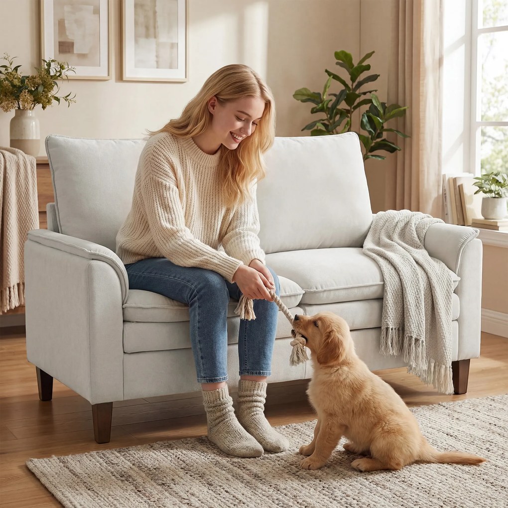 HOMCOM 146 cm dwuosobowa sofa, sofa z chenille, dwuwarstwowe tapicerowanie, poduszki sprężynowe, głębokie siedzisko, wysokie oparcie, kremowa | Aosom PL