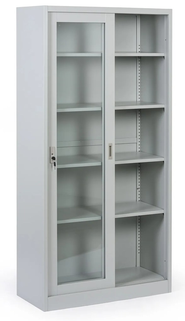 Metalowa szafka z półkami i szklanymi przesuwanymi drzwiami, zdemontowana, 900 x 1850 x 400 mm