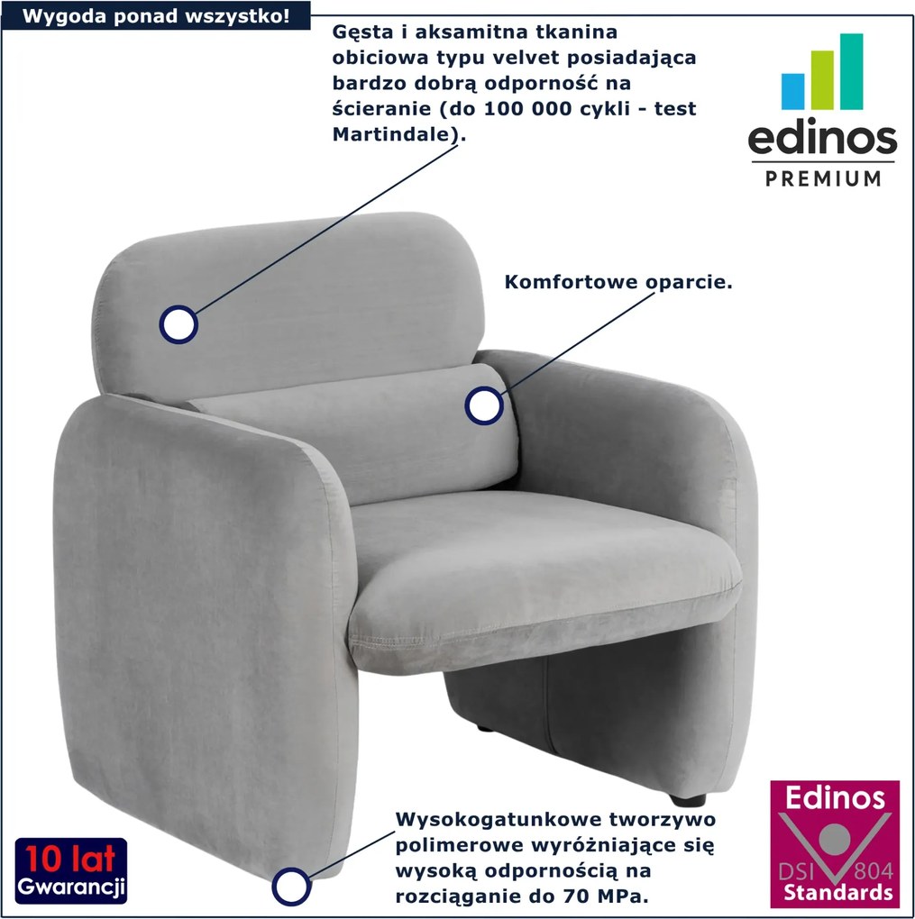 Szary welurowy fotel nowoczesny z podłokietnikami E2-D20