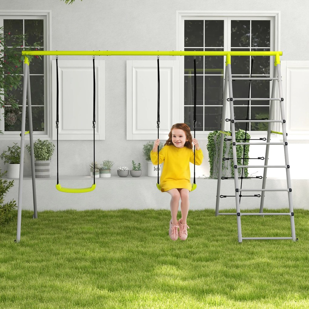 Outsunny Zestaw huśtawek dla dzieci z siatką do wspinaczki i drabinką, dla dzieci 3-8 lat, konstrukcja ze stali, Zielony