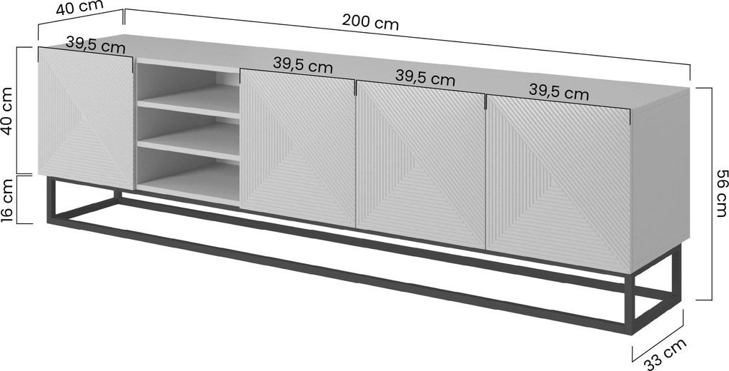 Szafka RTV Asha 200 cm ryflowana z wnęką i czarnym stelażem - kaszmir
