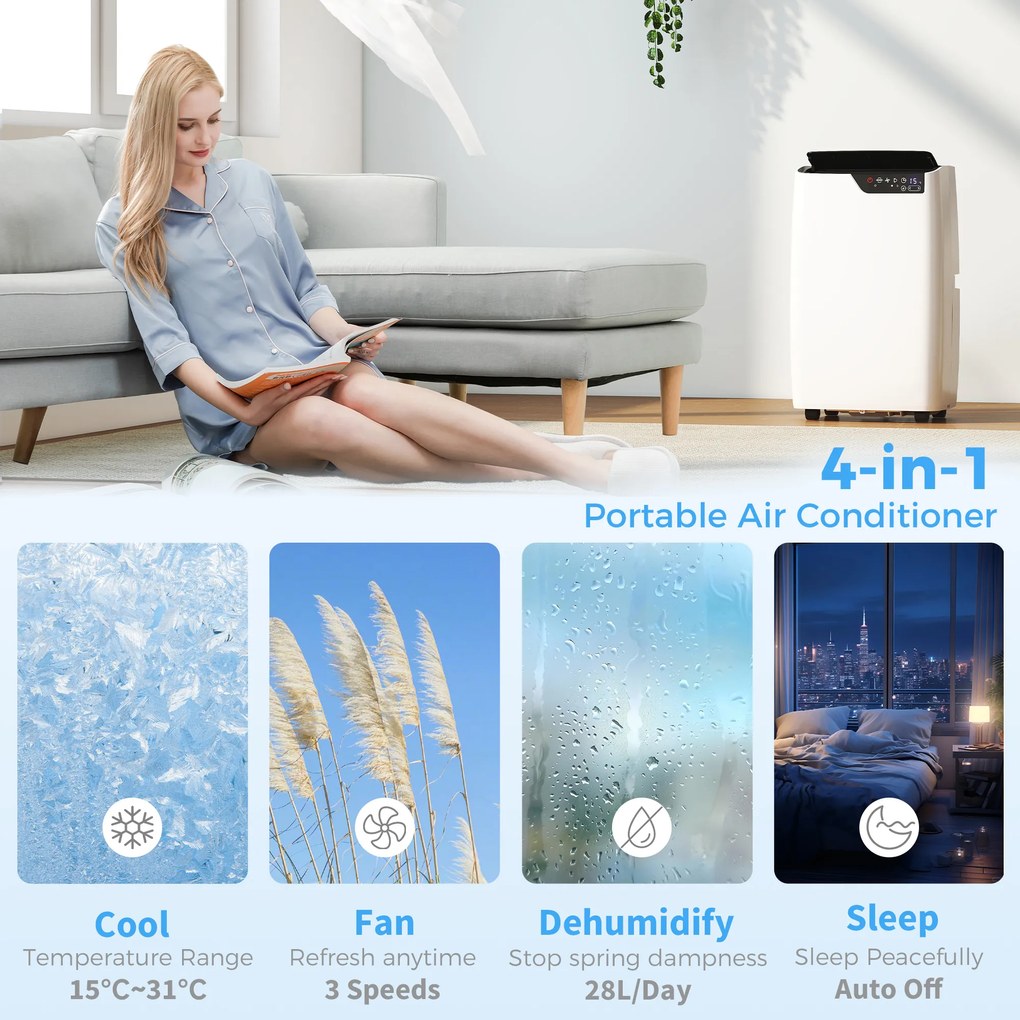 HOMCOM Klimatyzator przenośny 12 000 BTU, funkcje chłodzenia, osuszania, wentylatora, tryb nocny, sterowanie głosowe WiFi | Aosom PL