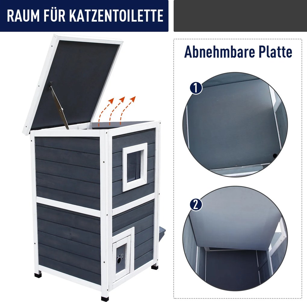 PawHut Elegancka Willa dla Kota z Drewna Sosnowego 2 Poziomy z Łatwym Dostępem i Oknami