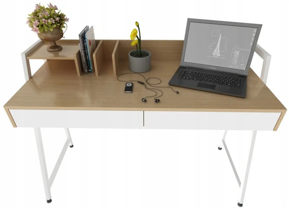 Nowoczesne biurko w stylu loft, 124 cm, z szufladami – jasny dąb