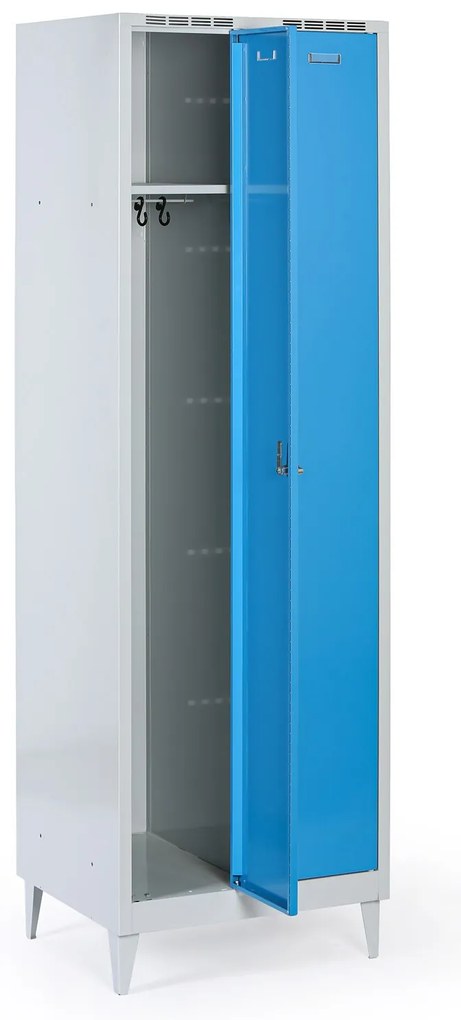 Metalowa szafka ubraniowa S8 na nogach, 2-drzwiowa, 1920 x 600 x 500 mm, zamek obrotowy, drzwi niebieske