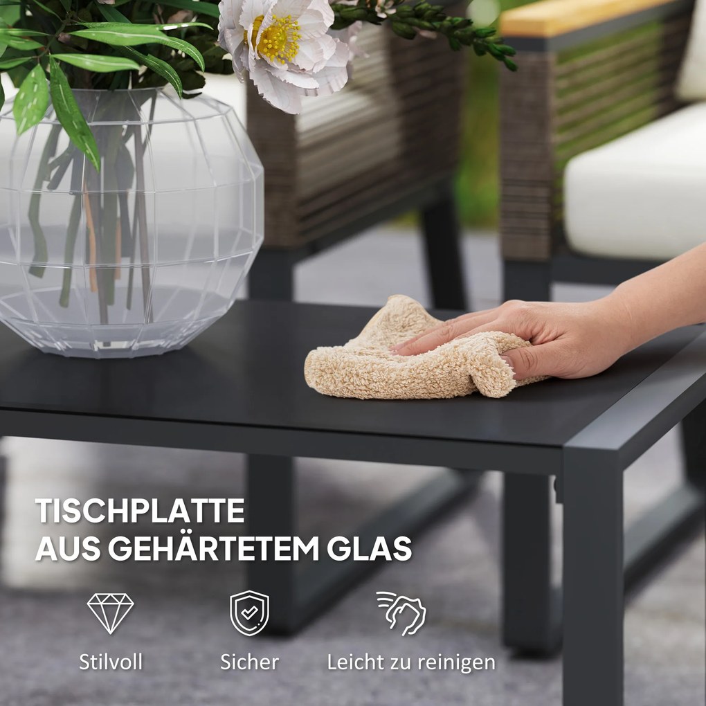 Outsunny Zestaw mebli ogrodowych Polyrattan dla 4 osób wodoodporny Zestaw balkonowy z sofą dla 2 osób, 2 krzesła Stolik z hartowanego szkła Poduszki Beżowy