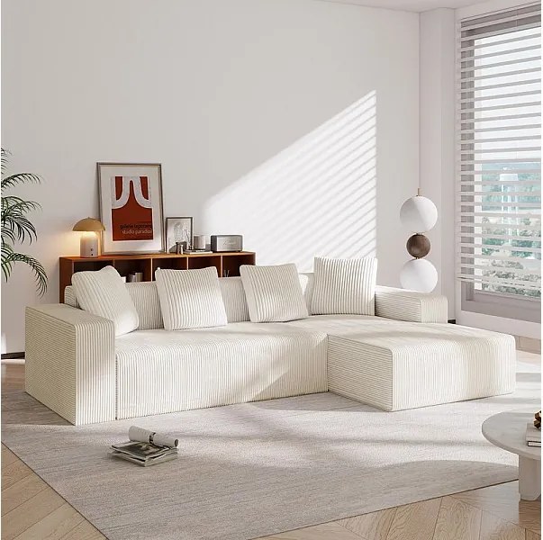 Duża modułowa prawa sofa narożna, z weluru, z 4 poduszkami, bez konieczności montażu, 261x146x65cm, Biały