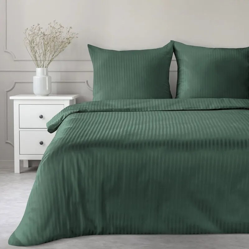 Pościel 160x200 satyna bawełniana ciemnozielona w prążki komplet