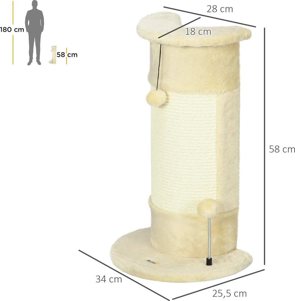 PawHut Drapak 58cm Drzewko dla Kotów z Piłką Kremowo-Biały Stabilny Drapak dla Kotów z Miejscem do Drapania | Aosom PL