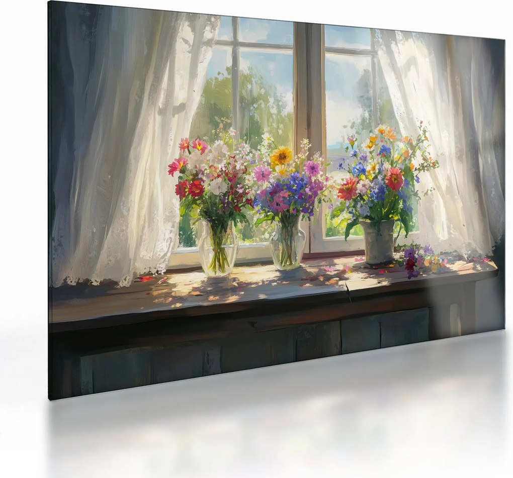 Obraz na szkle - Bukiet przy oknie (70x50 cm)