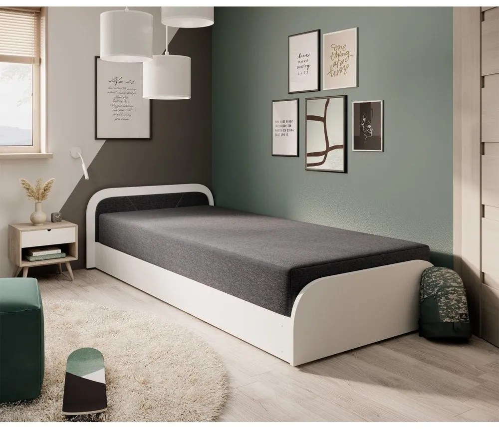 Białe/ciemnoszare tapicerowane/z płyty wiórowej łóżko jednoosobowe ze schowkiem z materacem 80x190 cm Parys – ELTAP