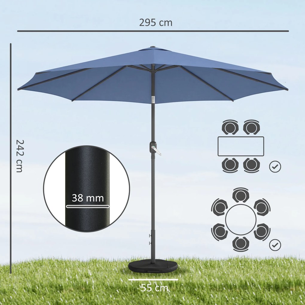 Outsunny Parasol przeciwsłoneczny Ø295 cm, UV 30+ Okrągły parasol balkonowy, plażowy, ogrodowy, niebieski | Aosom PL