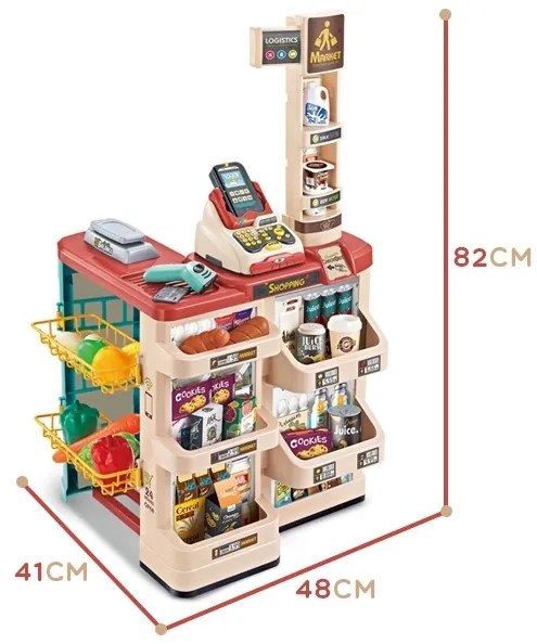 Woopie sklep supermarket z wózkiem sklepowym waga kasa skaner + 48 akc.