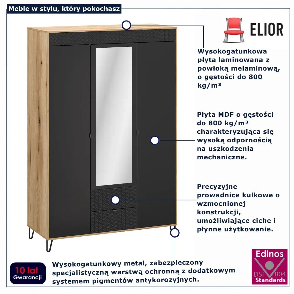 Szafa trzydrzwiowa z lustrem na nóżkach dąb evok + czarny Z8-P86