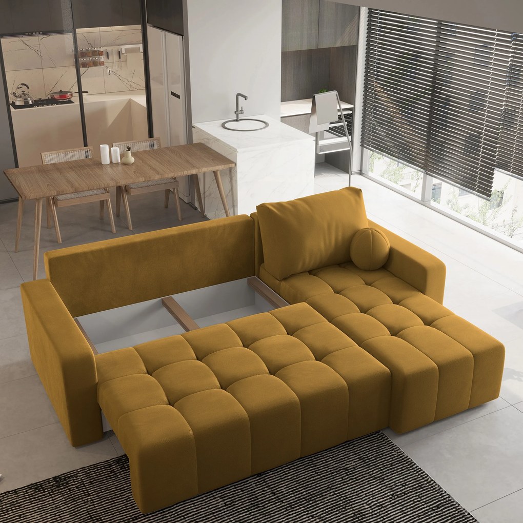 Masseno Narożnik VOLIRA z funkcją spania i pojemnikiem na pościel Narozniki L, Rozkładana sofa - Żółty, KRONOS 01