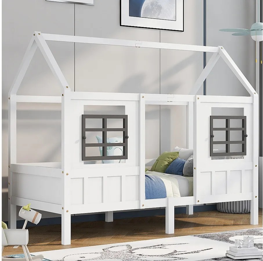 Łóżko kabinowe 200x90cm - z dwoma oknami - białe drewno - materac nie jest wliczony w cenę