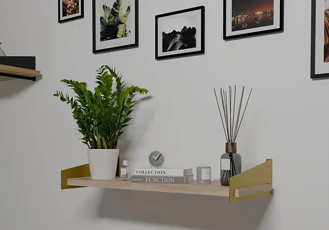 Półka ścienna nad biurko z metalowymi wspornikami złoty + dąb sonoma - Mizu 5X