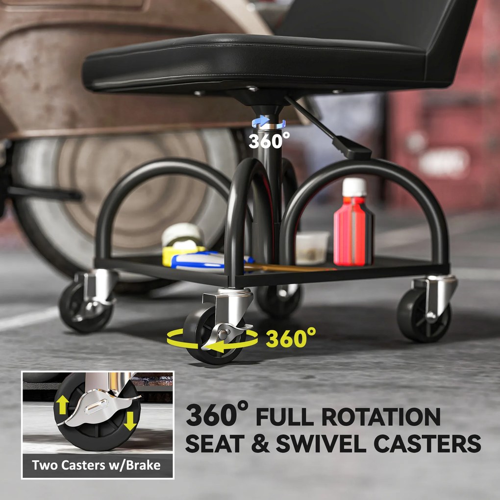 HOMCOM Obrotowy Taboret Warsztatowy z Miejscem na Narzędzia, Wysokość 58,5 cm, Udźwignie do 135 kg - Czarny