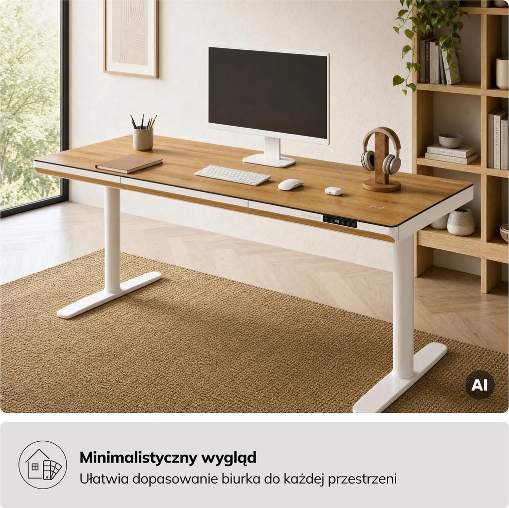 Biurko elektryczne sit-stand z szufladą i ładowarką bezprzewodową Qi białe/złoty dąb, 1600 mm: ELLIS