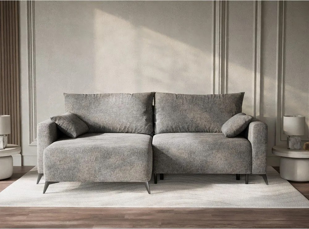 Szary rozkładany/ze schowkiem narożnik z tkaniny szenilowej (lewostronny/z szezlongiem) Leon – Maison de Rêve