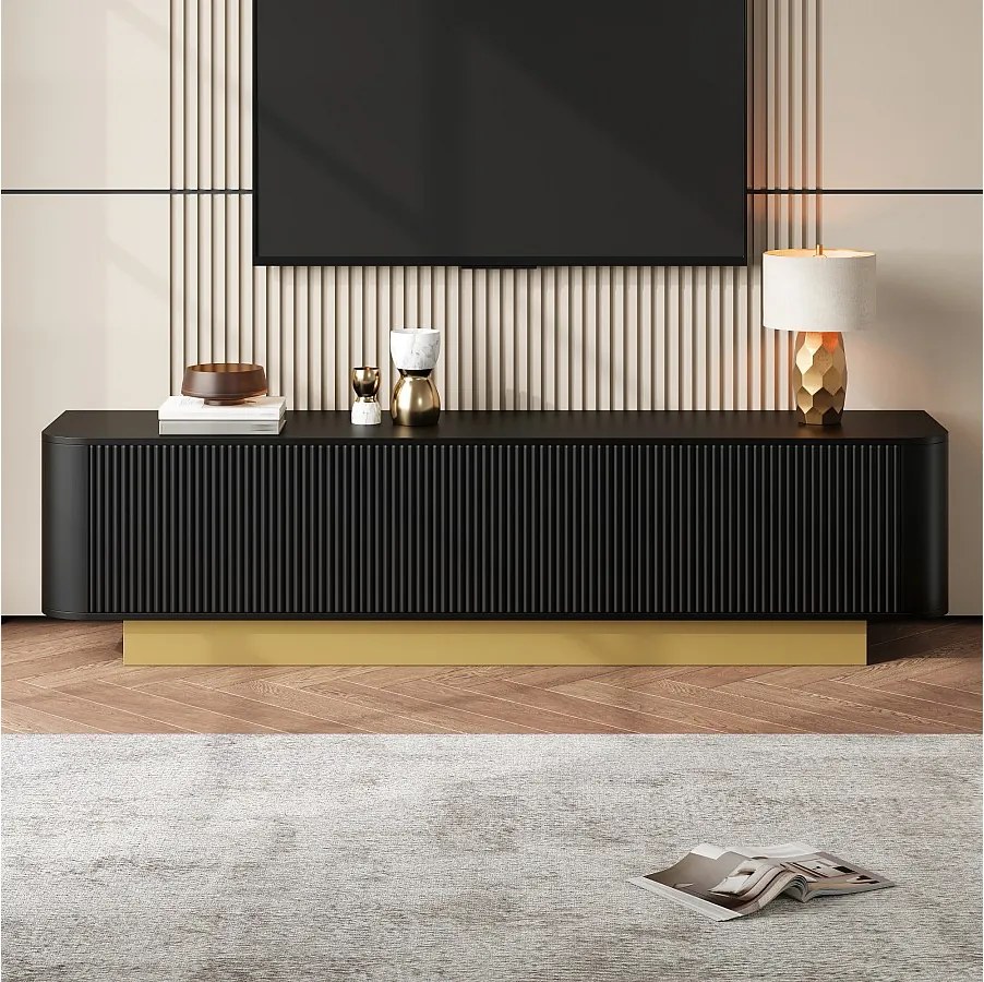 Nowoczesna szafka RTV - 170 x 40,5 x 47 cm - z 3 drzwiami - front teksturowany - MDF + płyta wiórowa - czarna