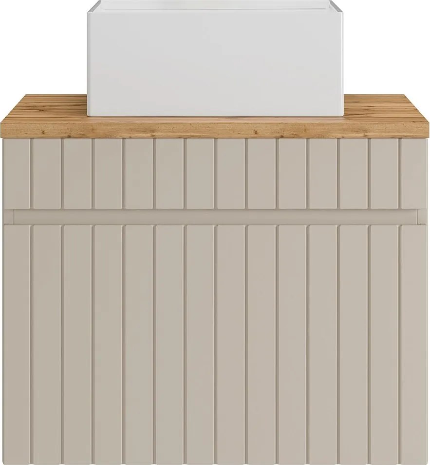 Wisząca szafka łazienkowa prążkowana beżowa z umywalką nablatową kwadratową – 60 cm – SATARA