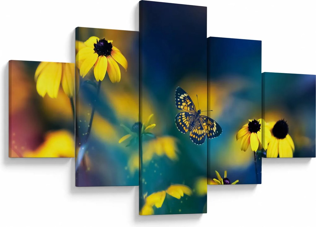 Obraz - Żółty motyl z kwiatami (125x70 cm)