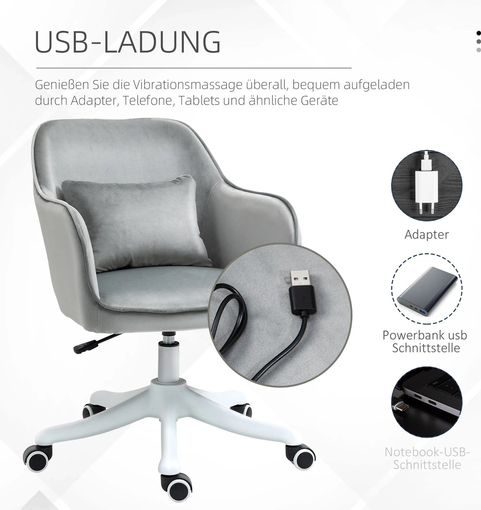 Vinsetto Fotel biurowy ergonomiczny z masażem i funkcją wibracji obrotowy aksamit szary | Aosom PL