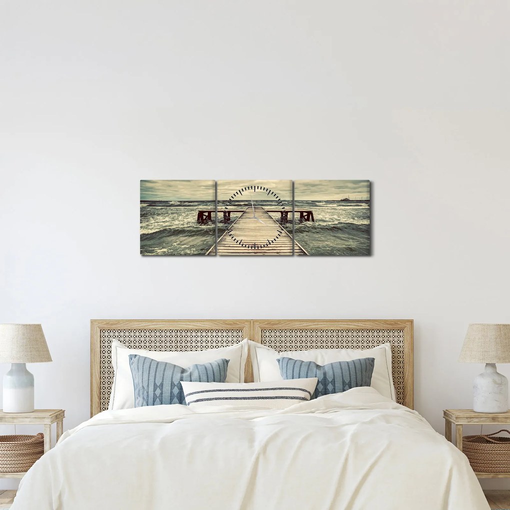 Obraz drewnianego molo na morzu (z zegarem) (90x30 cm)